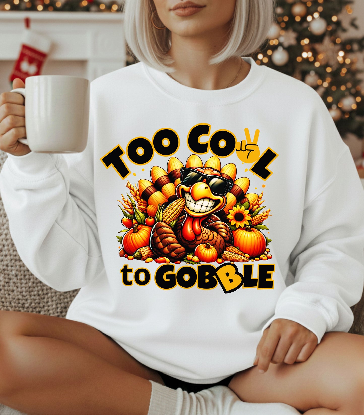Too Cool to Gobble Thanksgiving Sweatshirt - Funny Turkey Unisex Fall Crewneck